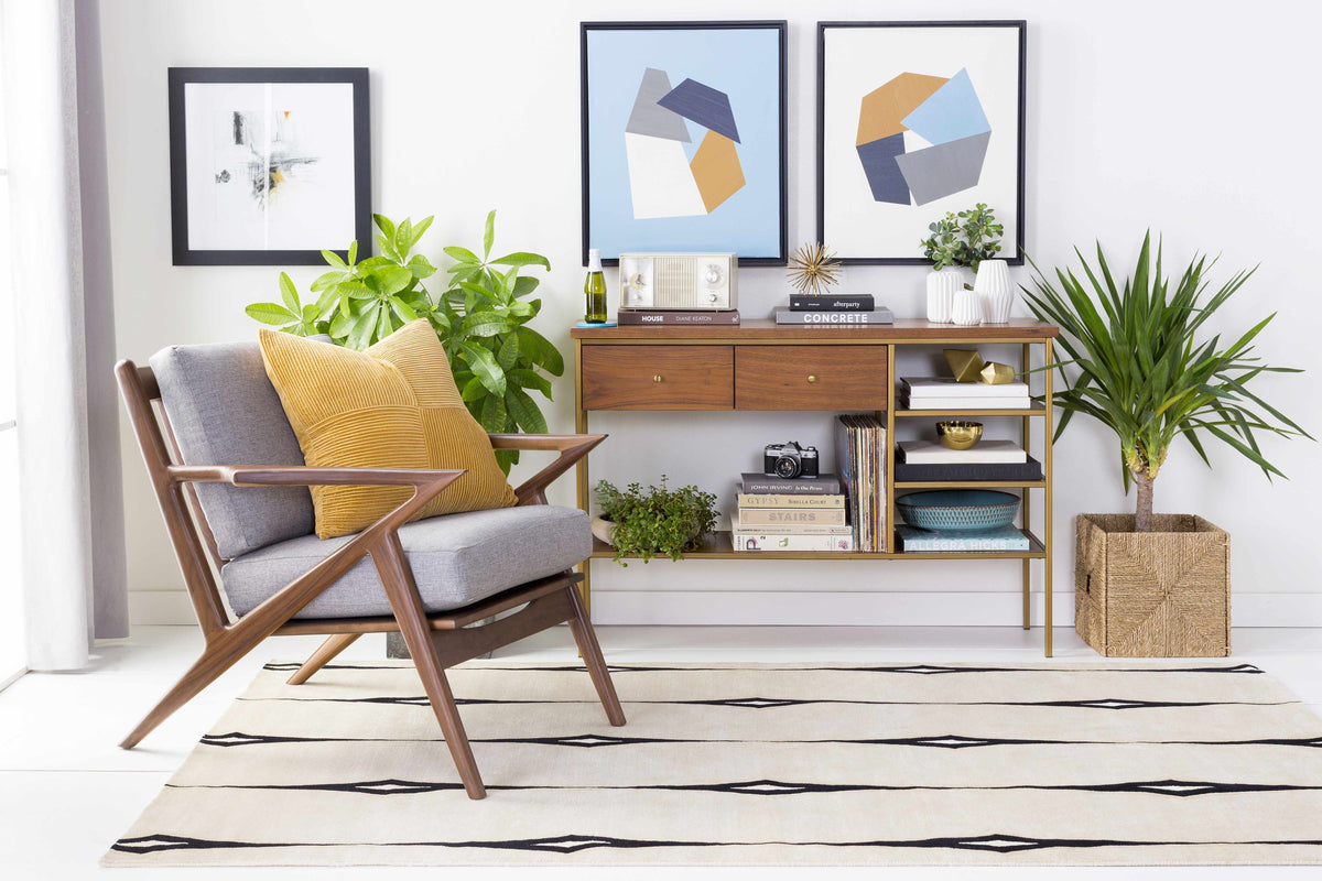 Smartt Beige&Black Premium Wool Rug Clearance by Boutique Rugs in a modern living room on Tampa Home & Garden Store
