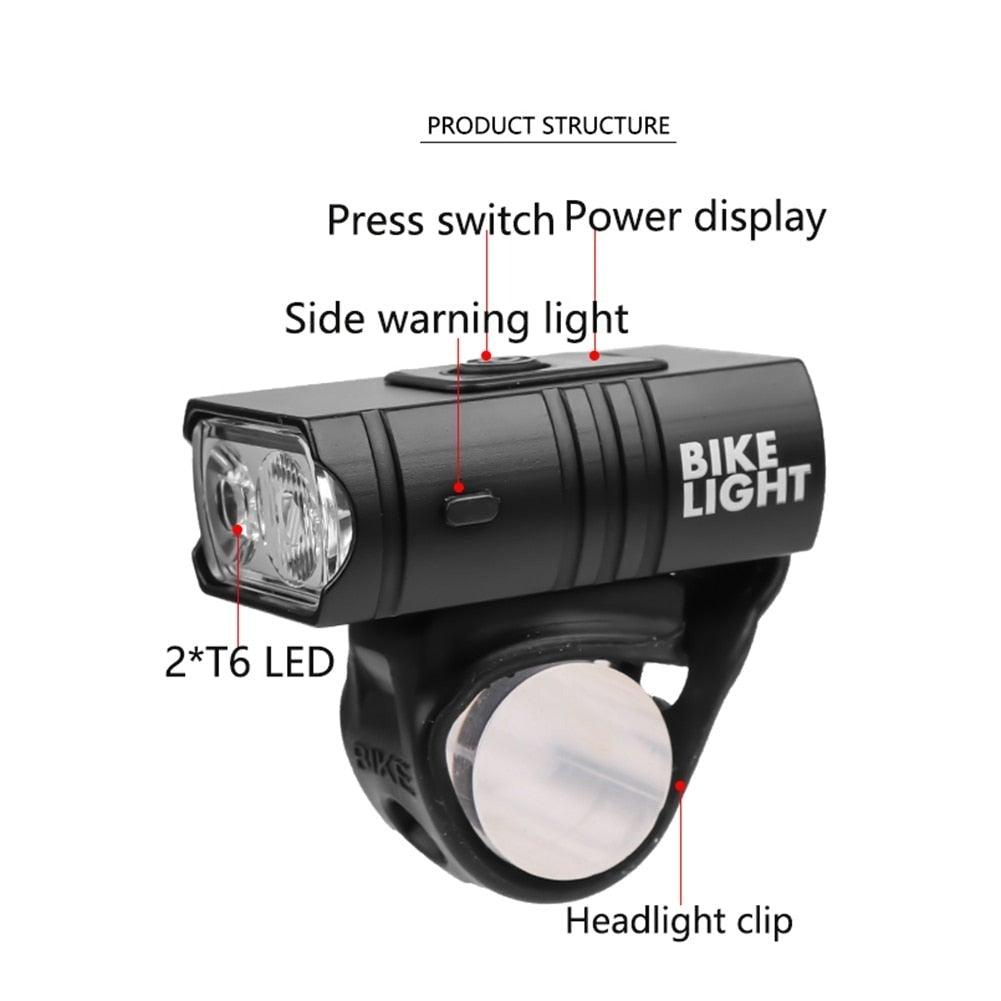 Smart Bicycle Front Light Set USB rechargeable, 2x T6 LEDs, headlight clip Stevvex on Tampa Home & Garden Store