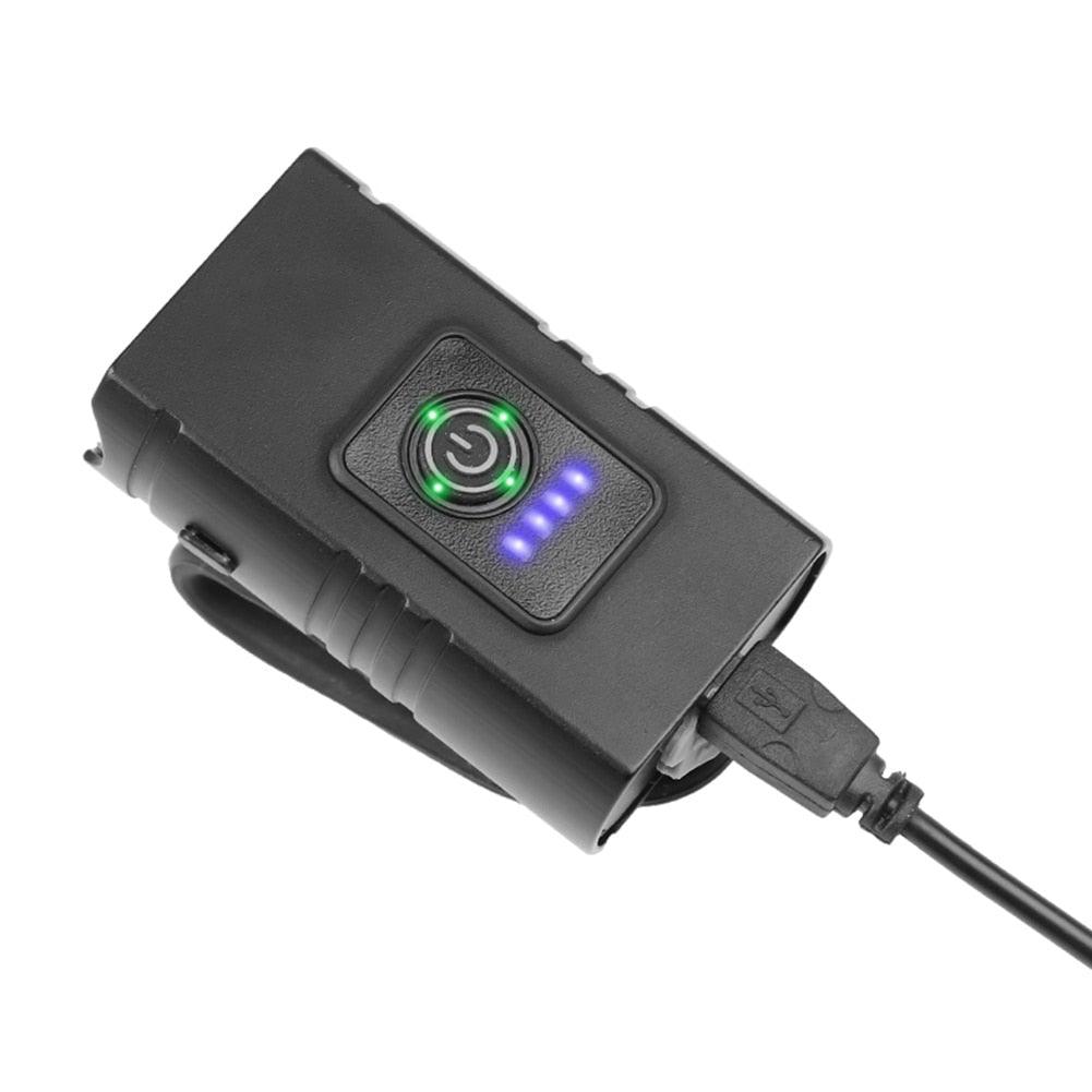Front bicycle light set Stevvex USB rechargeable black with green power button and blue LEDs on Tampa Home & Garden Store