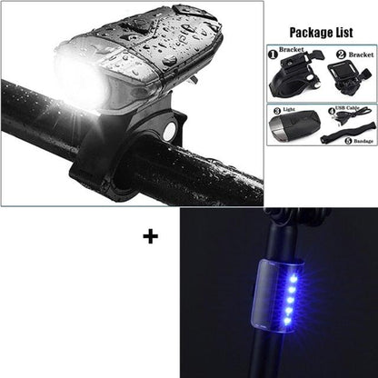 Stevvex wireless bike light with USB rear taillight; mounted on handlebars, blue LED on frame on Tampa Home & Garden Store