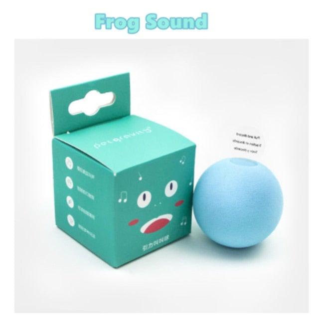 Stevvex Frog Sound interactive cat toy ball with chirp, blue plush ball beside teal packaging on Tampa Home & Garden Store