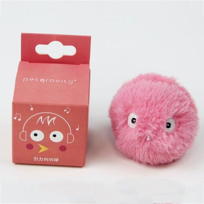Smart cat toy ball with pink fluffy fur and squeaky chirp, Stevvex, beside pink packaging on Tampa Home & Garden Store