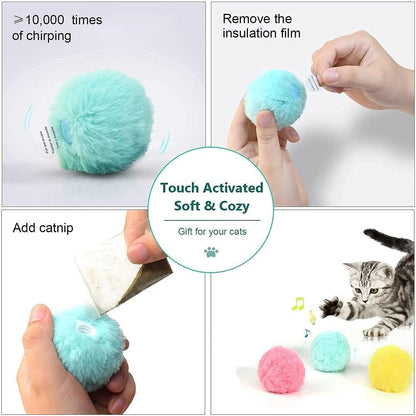 Stevvex catnip ball toy for cats with chirping sounds; plush fluffy ball set in 3 colors on Tampa Home & Garden Store
