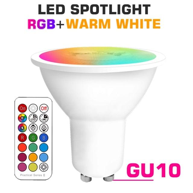GU10 LED spotlight bulb RGBW with remote, white plastic body illumination for smart homes on Tampa Home & Garden Store