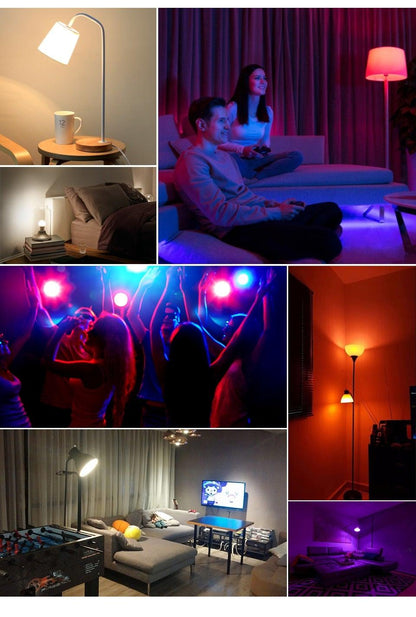 Stevvex ST50DE2276YEW smart RGBW LED bulb collage with warm white and vivid color scenes on Tampa Home & Garden Store
