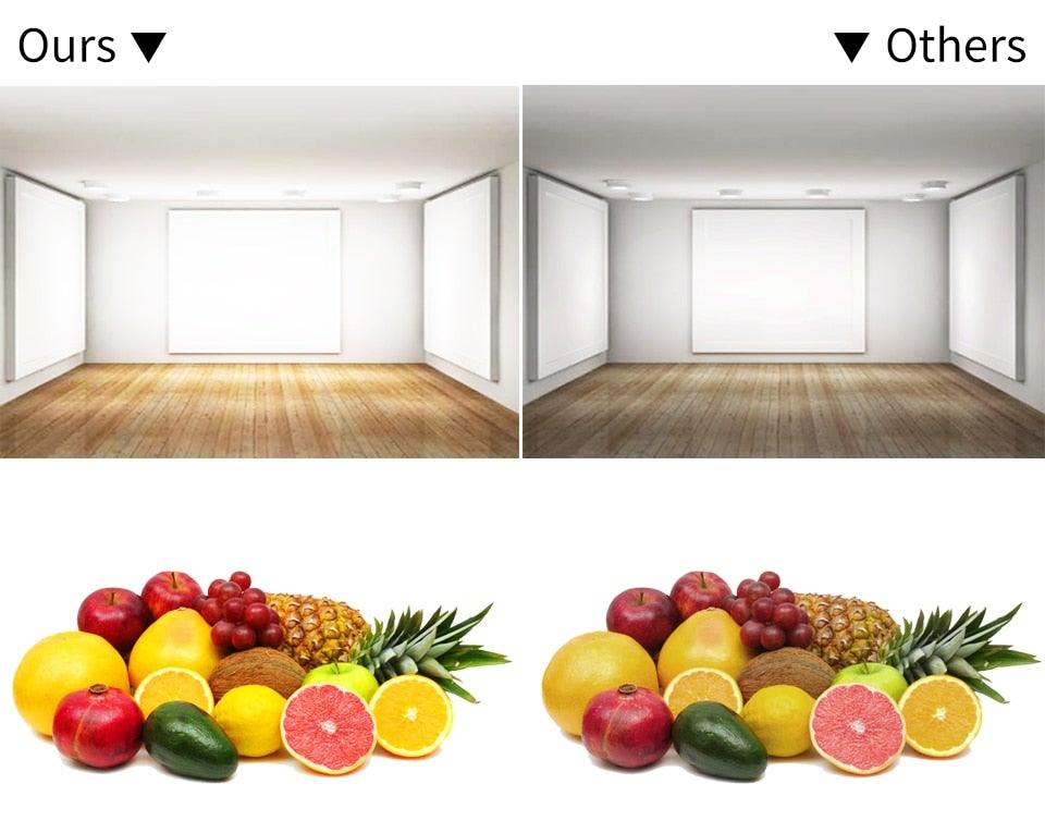 Stevvex smart LED bulb brightness comparison: left room, right dim room; two fruit plates on Tampa Home & Garden Store