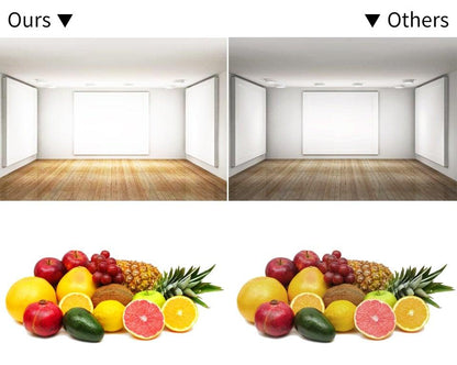 Stevvex smart LED bulb brightness comparison: left room, right dim room; two fruit plates on Tampa Home & Garden Store