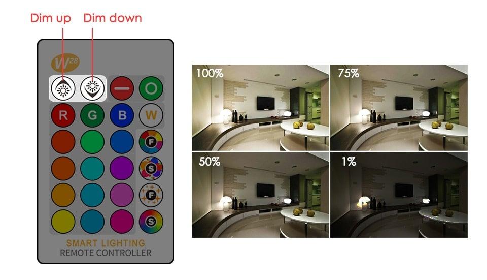 Smart remote Stevvex with dim up/down and RGB keys; room presets 100/75/50/1% on Tampa Home & Garden Store