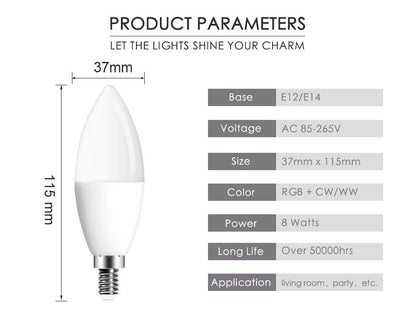 Stevvex smart RGB CW/WW LED bulb with IR/WiFi control, 8W, base E12/E14, 37x115mm on Tampa Home & Garden Store