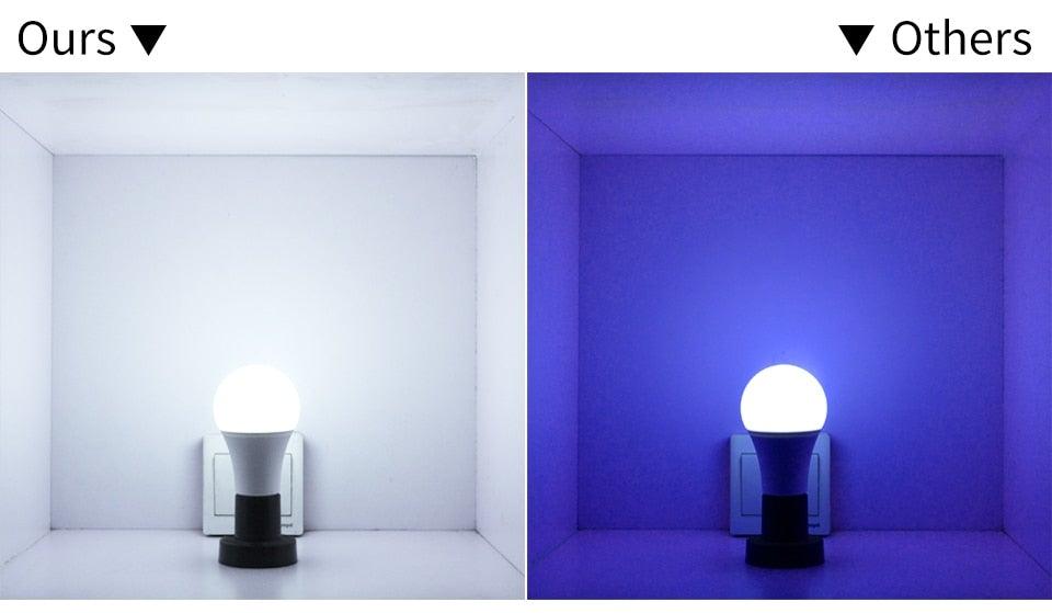 Stevvex ST50DE2276YEW smart LED bulb with white glow left and blue RGB right on Tampa Home & Garden Store