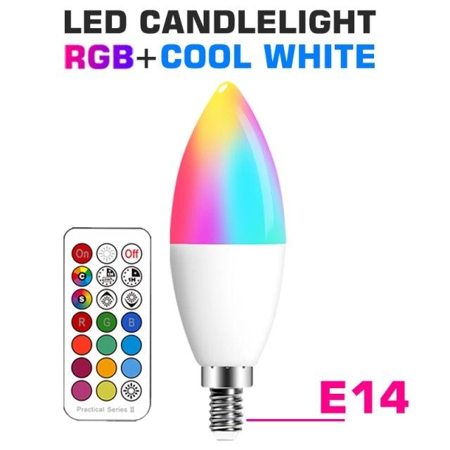 Stevvex RGBCW LED candlelight bulb with E14 base and remote, color-changing RGB + cool white on Tampa Home & Garden Store