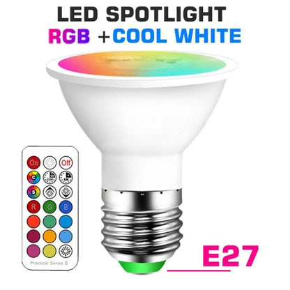 Stevvex LED spotlight bulb E27 RGB + cool white, remote-controlled RGBCW lamp for indoor use on Tampa Home & Garden Store