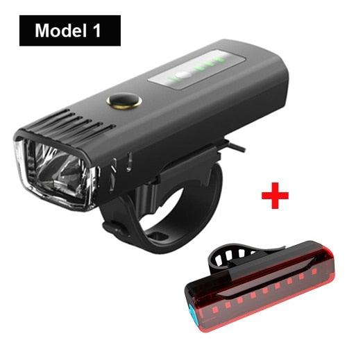 Stevvex USB rechargeable bicycle light set with black front headlight and red rear light on Tampa Home & Garden Store