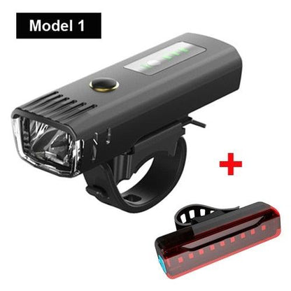 Stevvex USB rechargeable bicycle light set with black front headlight and red rear light on Tampa Home & Garden Store