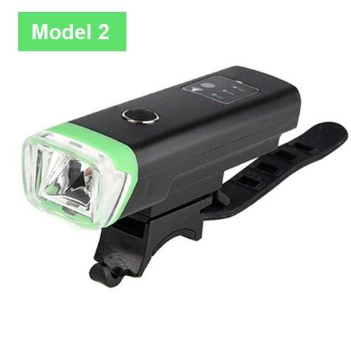 Stevvex Model 2 front bike light with green bezel, USB rechargeable, handlebar mount on Tampa Home & Garden Store