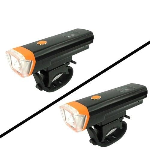Stevvex bicycle light set, two USB rechargeable front and rear lights, with orange lens on Tampa Home & Garden Store