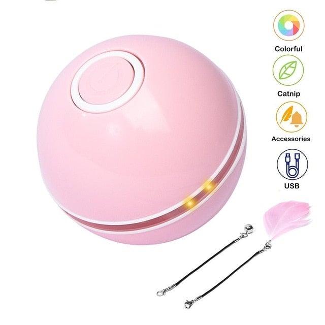 Smart Cat Toy Ball Pink LED self-rotating with feather bell USB rechargeable Stevvex on Tampa Home & Garden Store