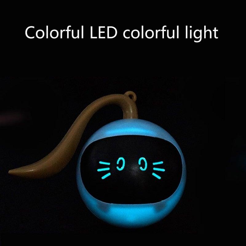 Blue LED cat toy ball with glowing face, USB rechargeable self-rotating chaser for cats on Tampa Home & Garden Store