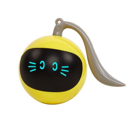 Stevvex cat toy: yellow USB rechargeable ball with blue LED face and gray tail on Tampa Home & Garden Store