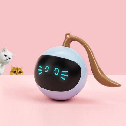 Stevvex Smart Cat Toy Ball USB rechargeable chaser with blue LED face white body and brown tail on Tampa Home & Garden Store