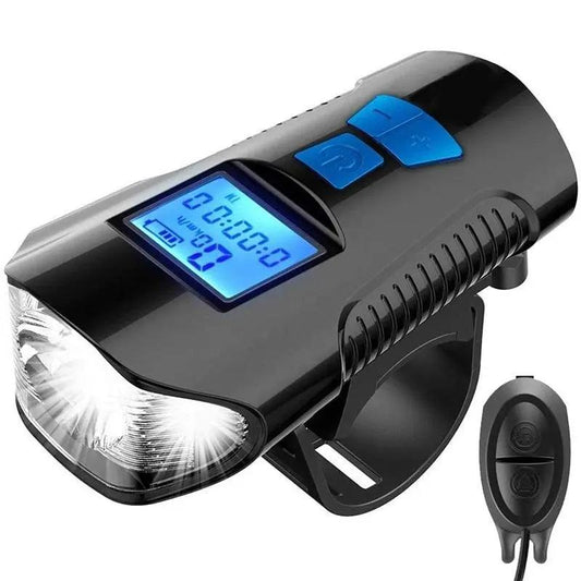 Stevvex front bike light with LCD speedo, USB rechargeable, 4 modes, black with blue buttons on Tampa Home & Garden Store