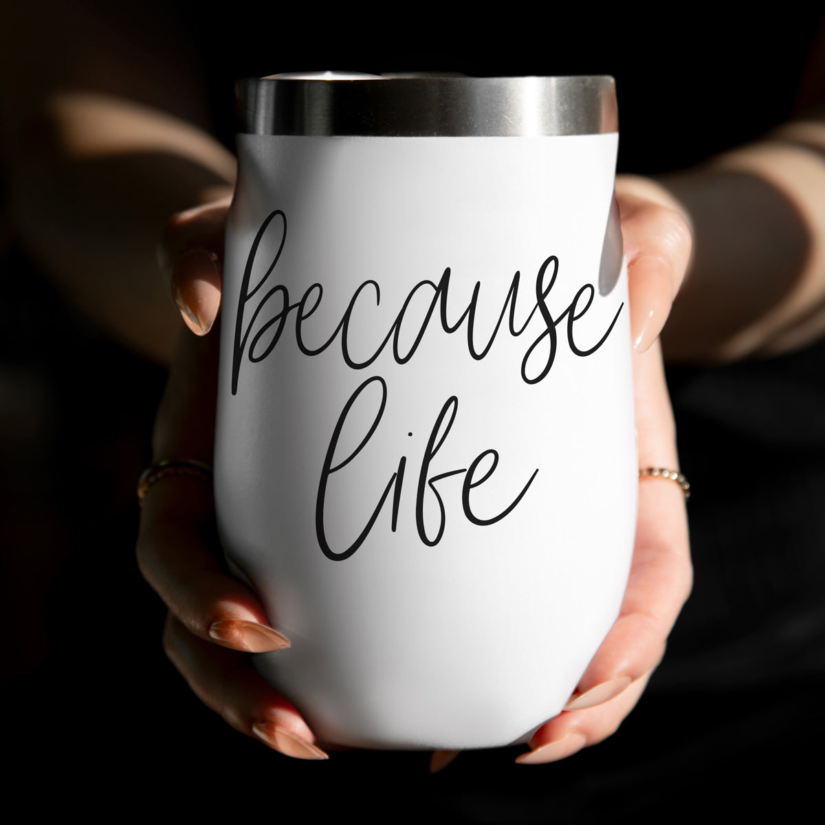 Gia Roma Because Life 17oz tumbler, white stainless steel with black script lettering on Tampa Home & Garden Store