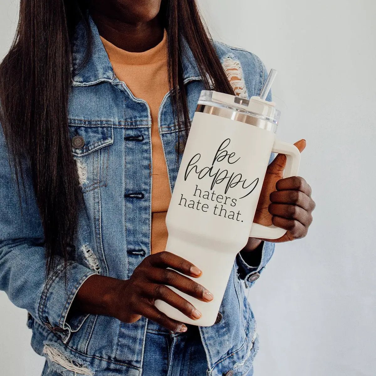 Be Happy 40oz Insulated Mug with Handle and Straw