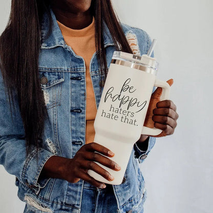 Be Happy 40oz Insulated Mug with Handle and Straw