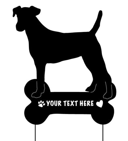 Smooth Fox Terrier garden stake silhouette in black metal on a bone-shaped base with text space on Tampa Home & Garden Store