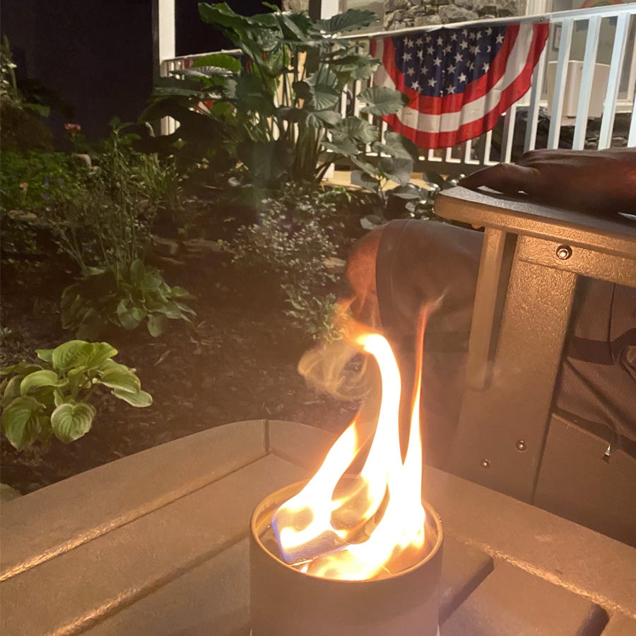 S'mores Family Pack outdoor fire pit by City Bonfires, gray canister with bright flames on Tampa Home & Garden Store