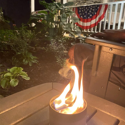 S'mores Family Pack outdoor fire pit by City Bonfires, gray canister with bright flames on Tampa Home & Garden Store