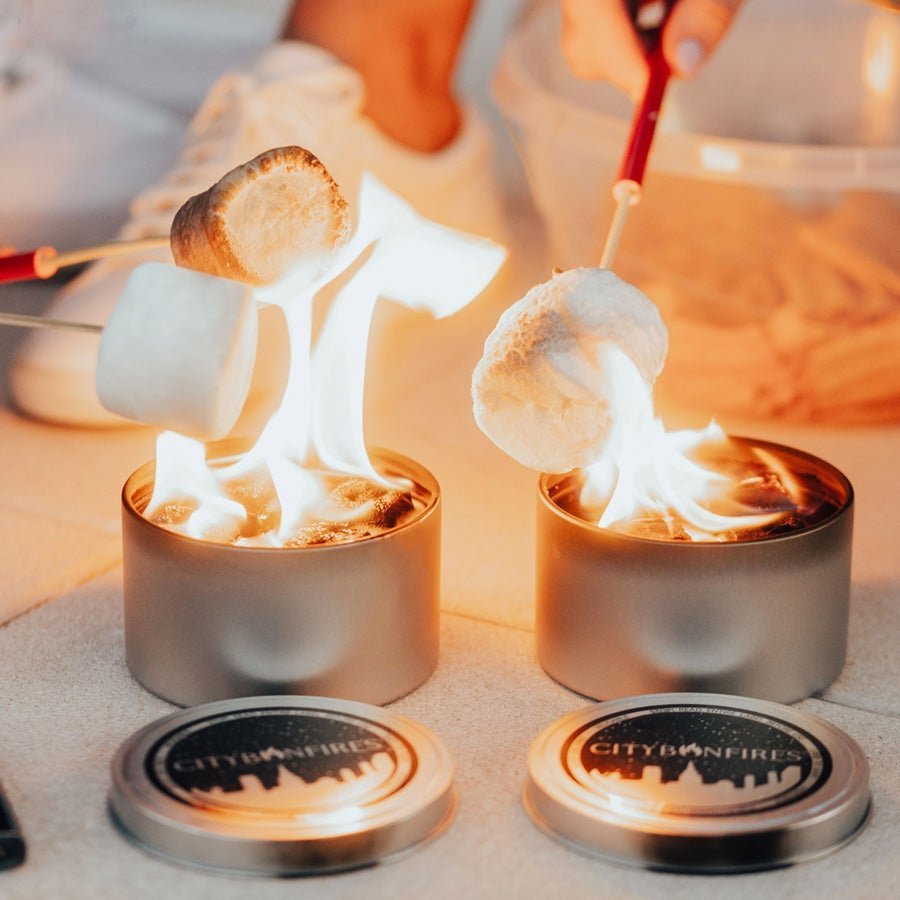 S'mores Family Pack USA Limited Edition by City Bonfires; two metal outdoor fire pits toasting marshmallows on Tampa Home & Garden Store