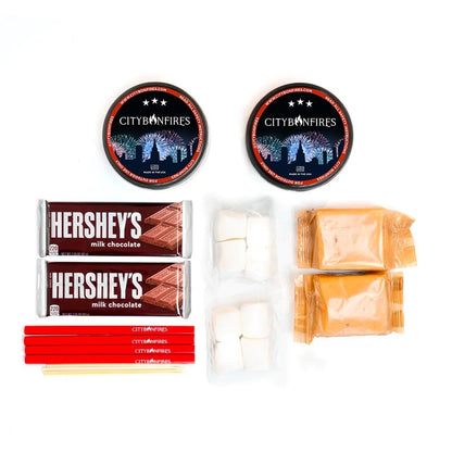 City Bonfires S'mores Pack USA with 2 tins, 2 Hershey's bars, marshmallows, crackers, skewers on Tampa Home & Garden Store