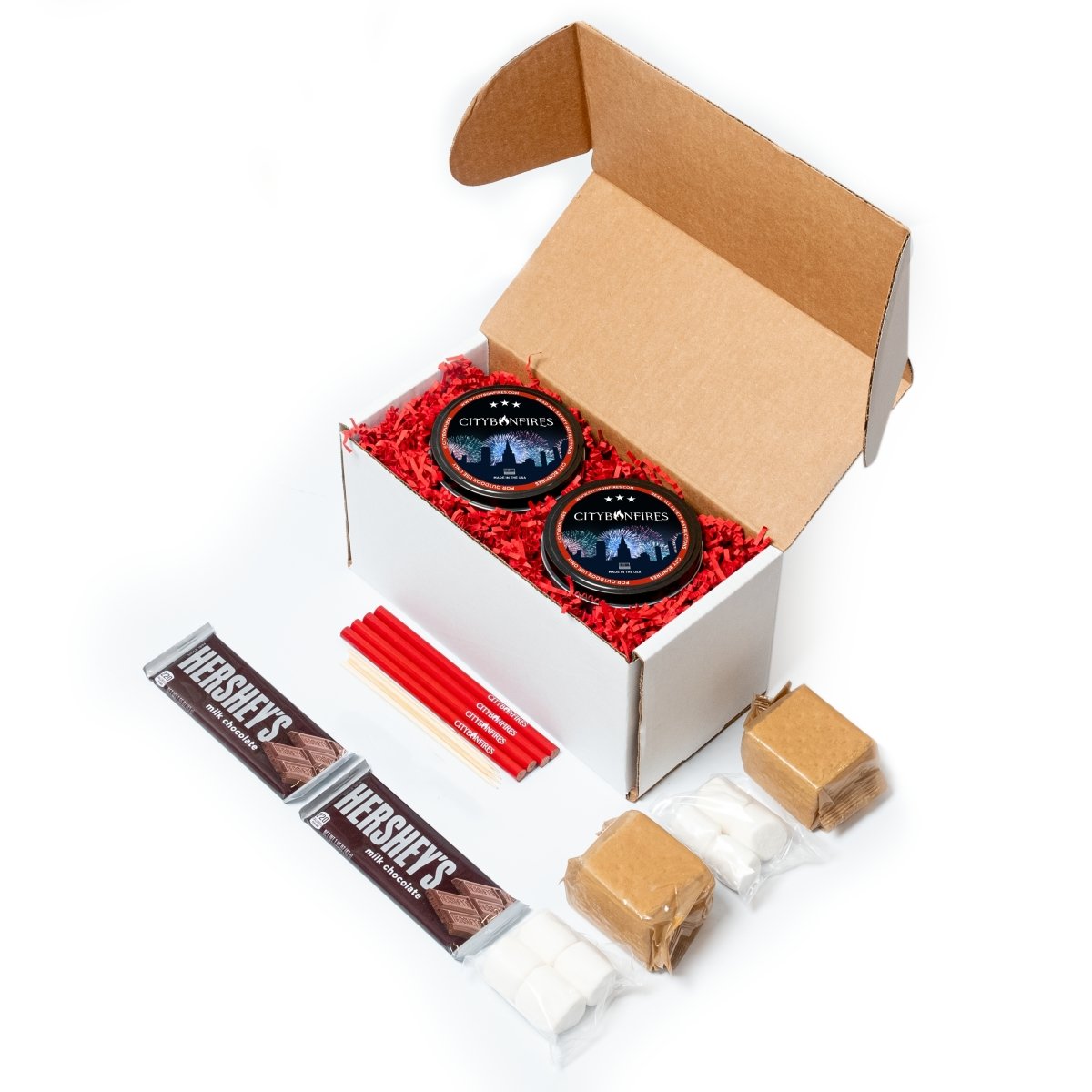 City Bonfires S'mores Family Pack: two tins in a white box with red filler and Hershey’s bars on Tampa Home & Garden Store