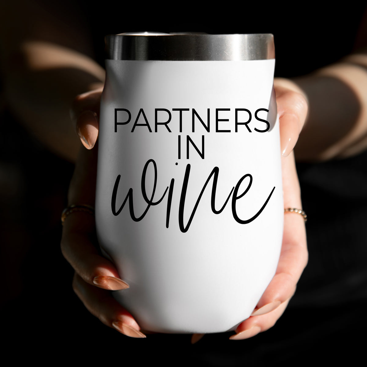 Wine Partners 17oz tumbler Gia Roma white stainless steel with silver rim held in hands on Tampa Home & Garden Store