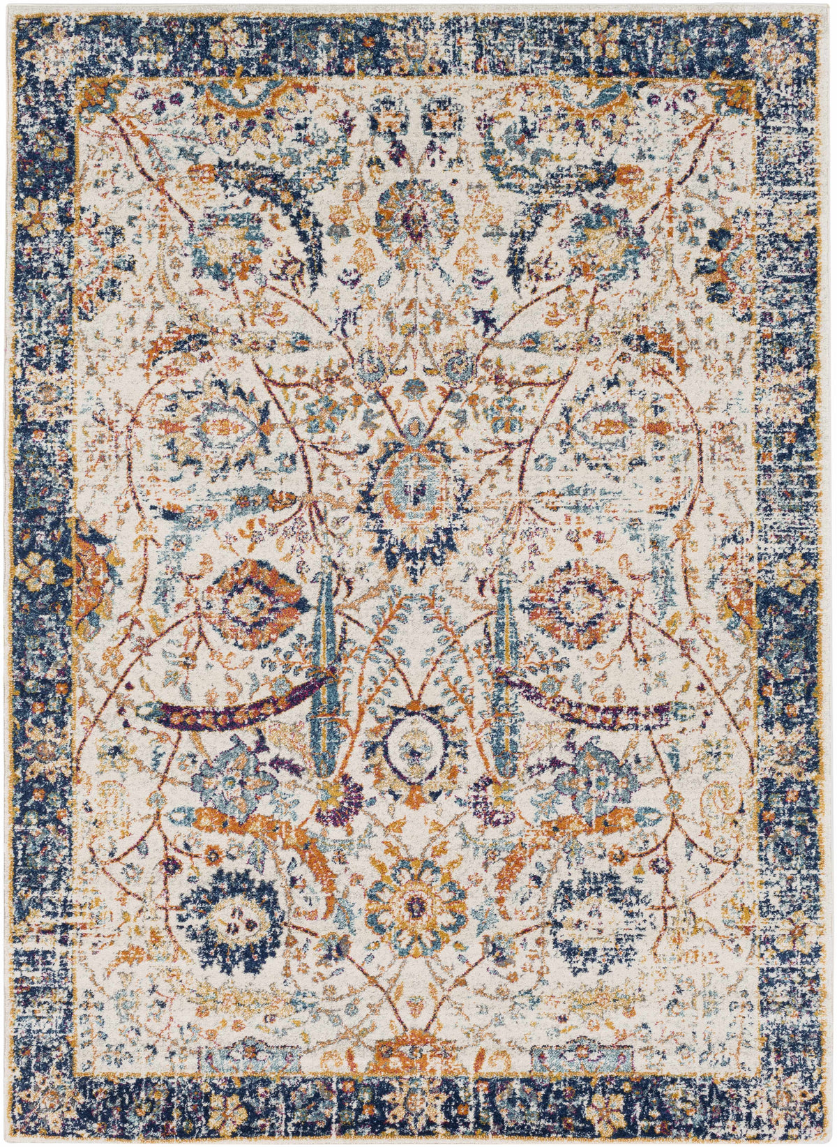Smyrna Area Rug by Boutique Rugs with navy border, cream field, and orange floral motifs on Tampa Home & Garden Store