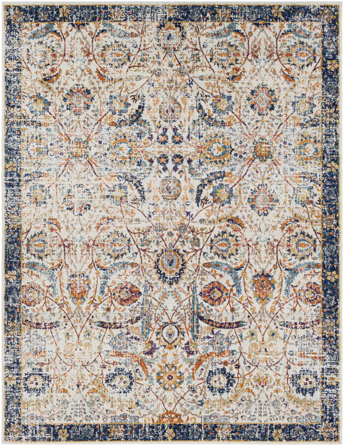 Smyrna area rug ivory field with navy border and colorful floral motifs Boutique Rugs on Tampa Home & Garden Store