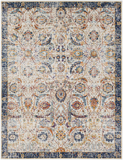 Smyrna area rug ivory field with navy border and colorful floral motifs Boutique Rugs on Tampa Home & Garden Store