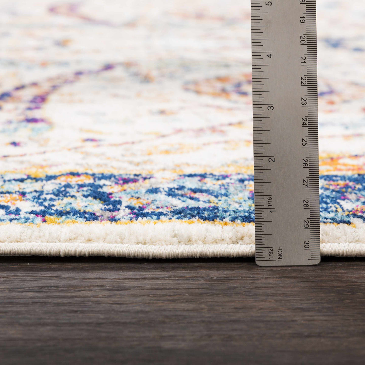Smyrna Area Rug by Boutique Rugs, multicolor abstract pattern with blue yellow orange accent on Tampa Home & Garden Store