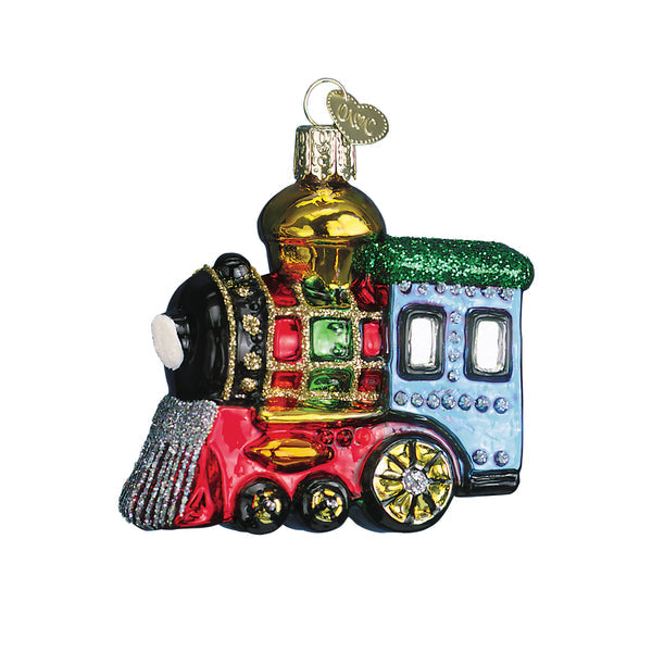 Petit ornement en verre en forme de locomotive