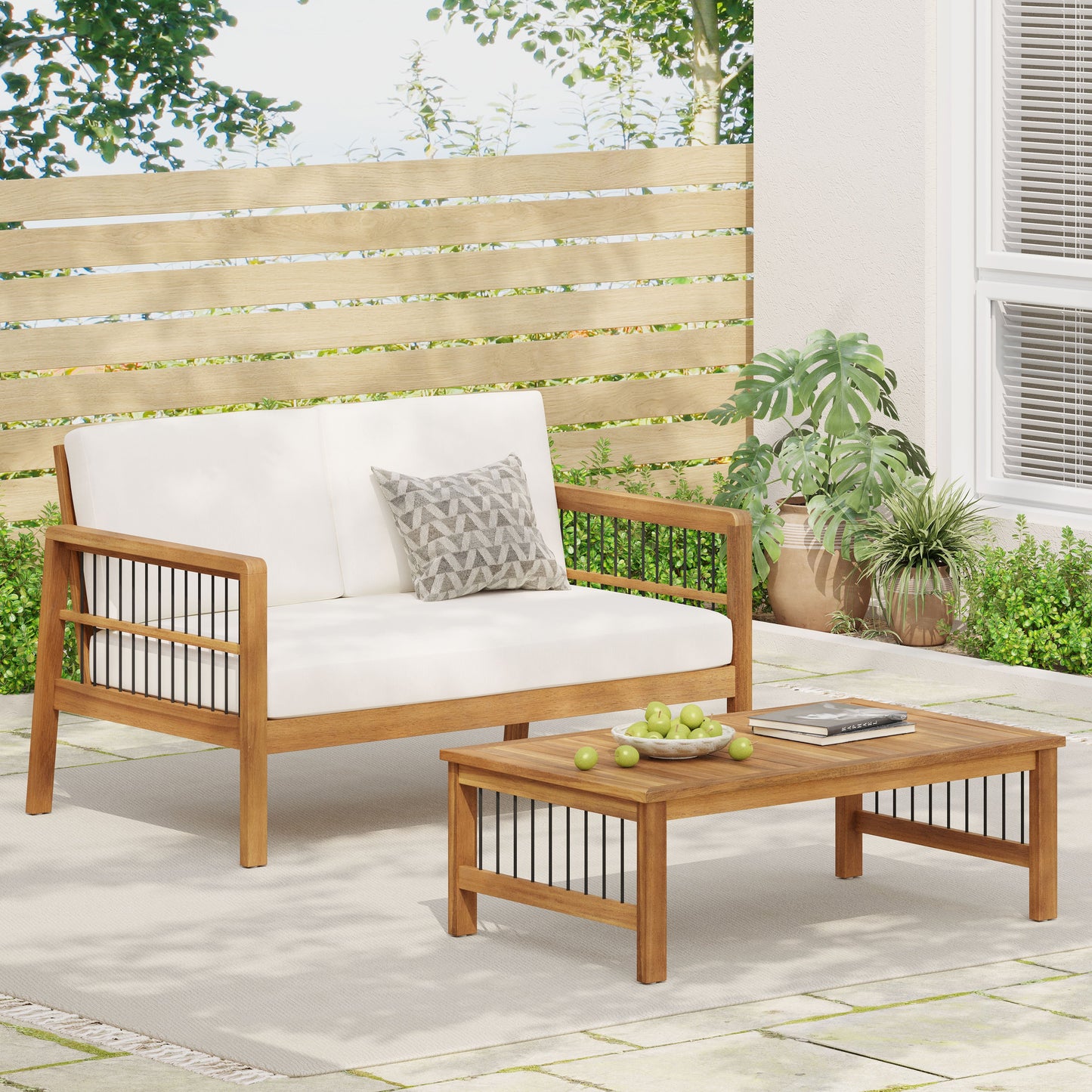 Outdoor Acacia Wood Loveseat and Coffee Table Set