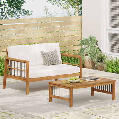 Outdoor Acacia Wood Loveseat and Coffee Table Set