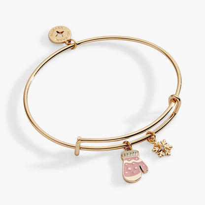 Alex and Ani Winter Wonderland bangle with pink mitten and snowflake charms in rose gold on Tampa Home & Garden Store