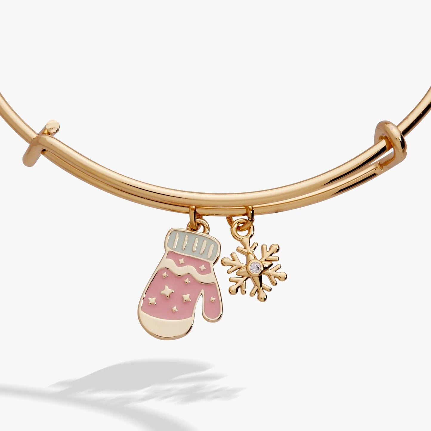 Winter Wonderland Mitten and Snowflake Charm Bangle by ALEX AND ANI in goldtone with pink mitten on Tampa Home & Garden Store