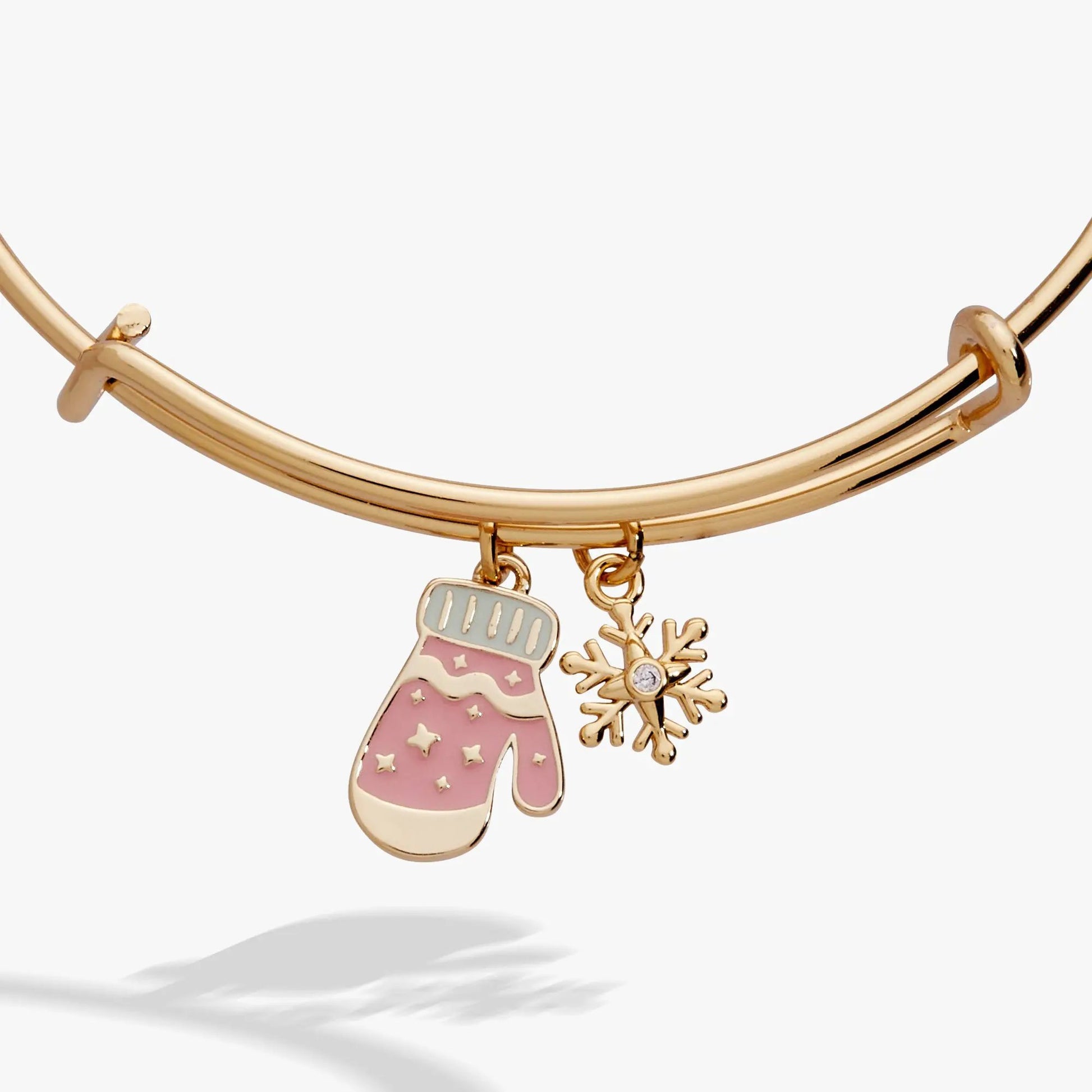 Winter Wonderland Mitten and Snowflake Charm Bangle by ALEX AND ANI in goldtone with pink mitten on Tampa Home & Garden Store