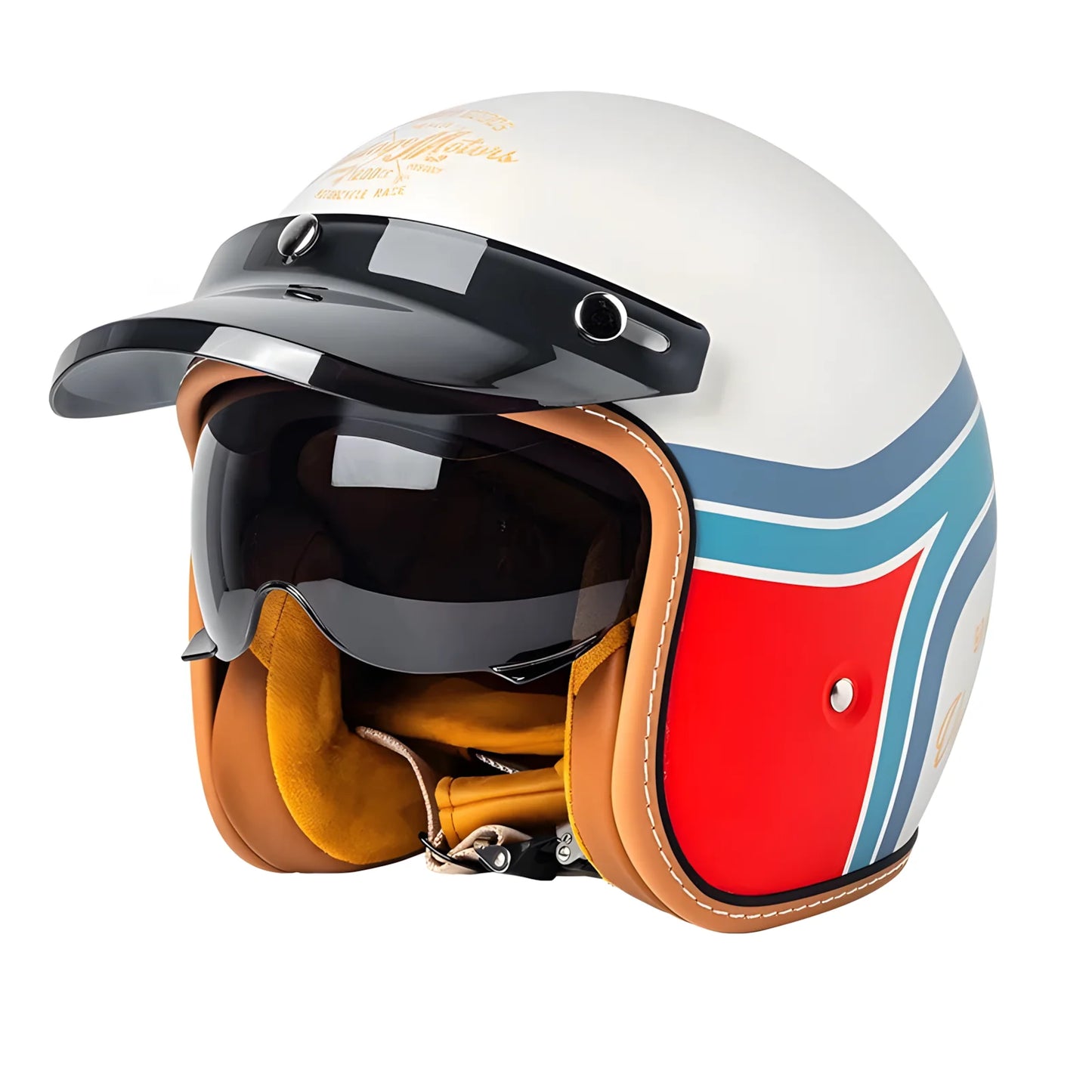 The Street King vintage open-face helmet by BikerZoneZ with white shell blue stripes tan interior on Tampa Home & Garden Store