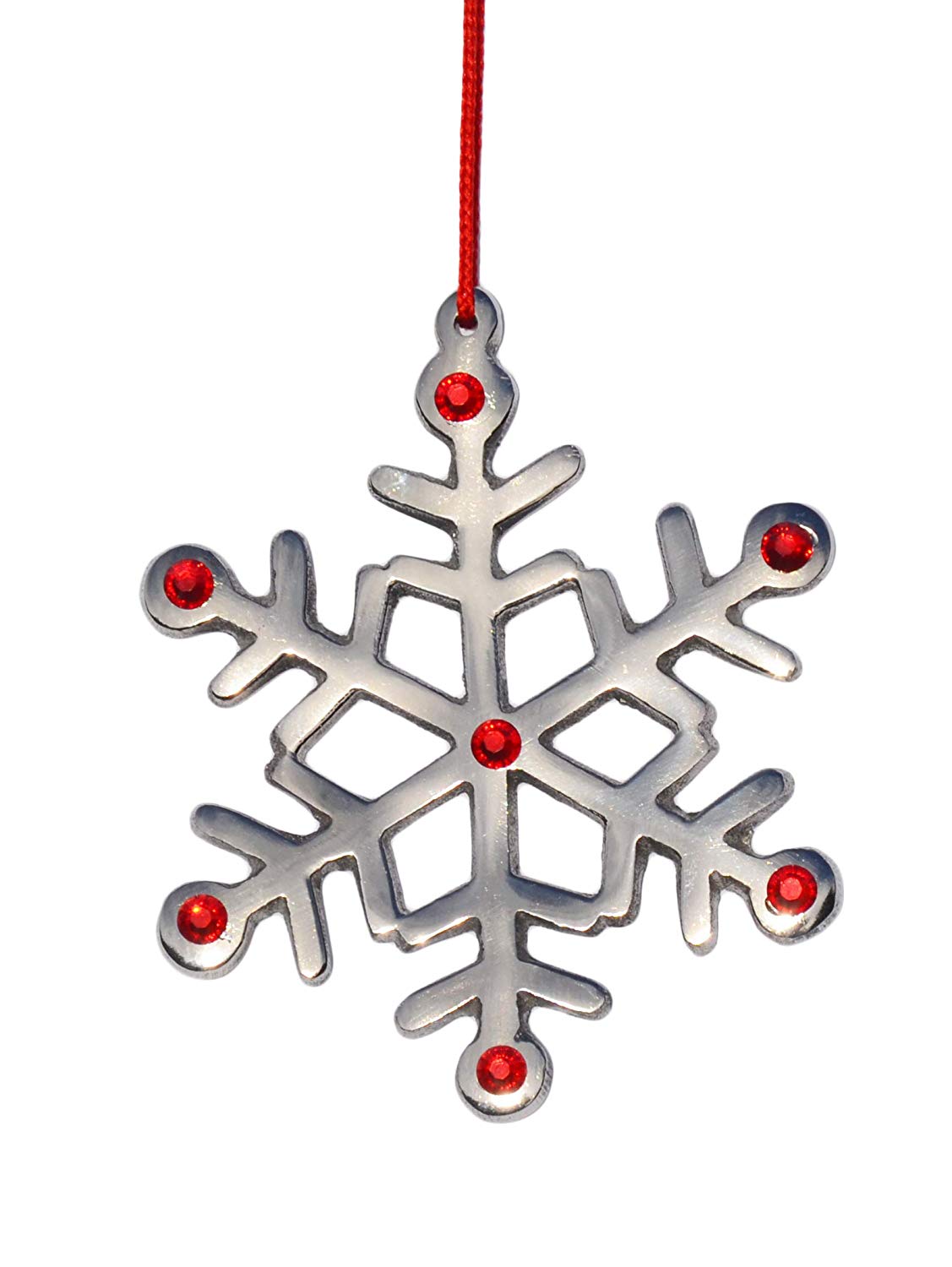 Vibhsa snowflake Christmas ornament, silver metal with red rhinestones, red hanging cord on Tampa Home & Garden Store