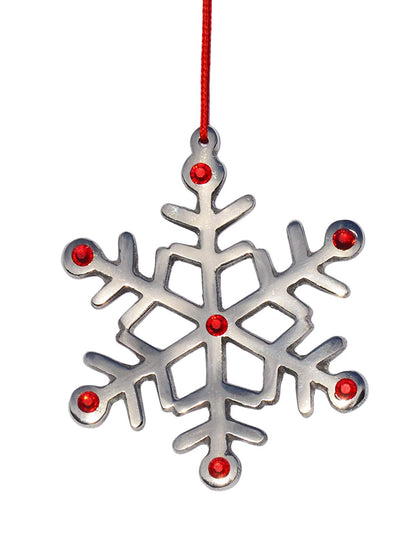 Vibhsa snowflake Christmas ornament, silver metal with red rhinestones, red hanging cord on Tampa Home & Garden Store