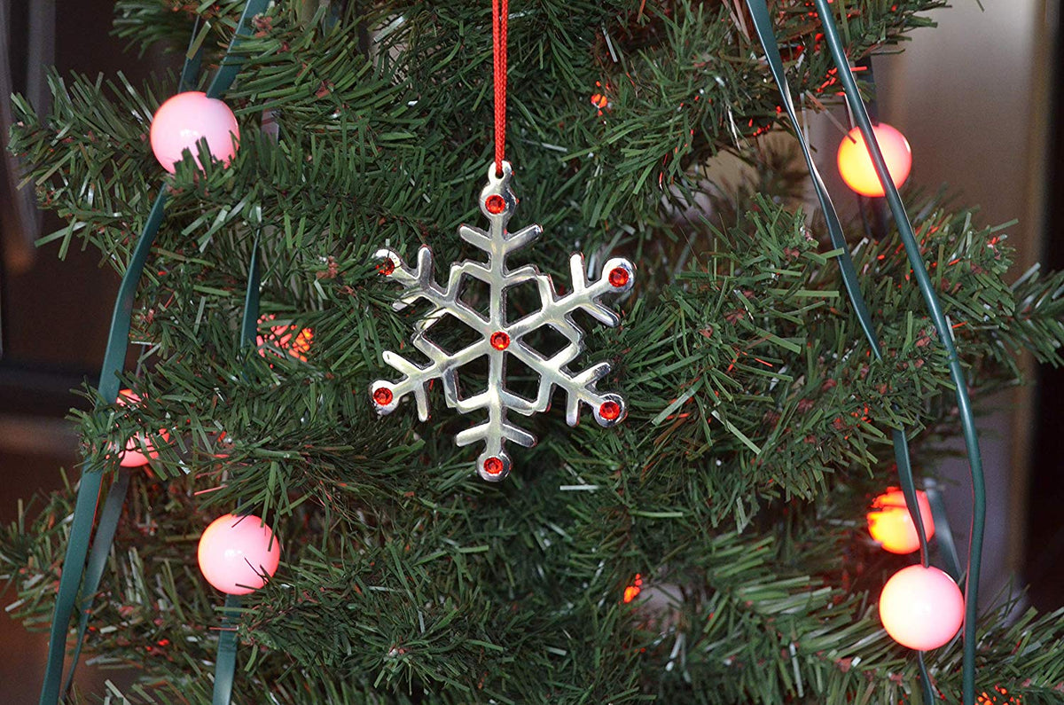Vibhsa Snowflake Ornament Set, silver metal with red rhinestones, 8 pcs on Tampa Home & Garden Store