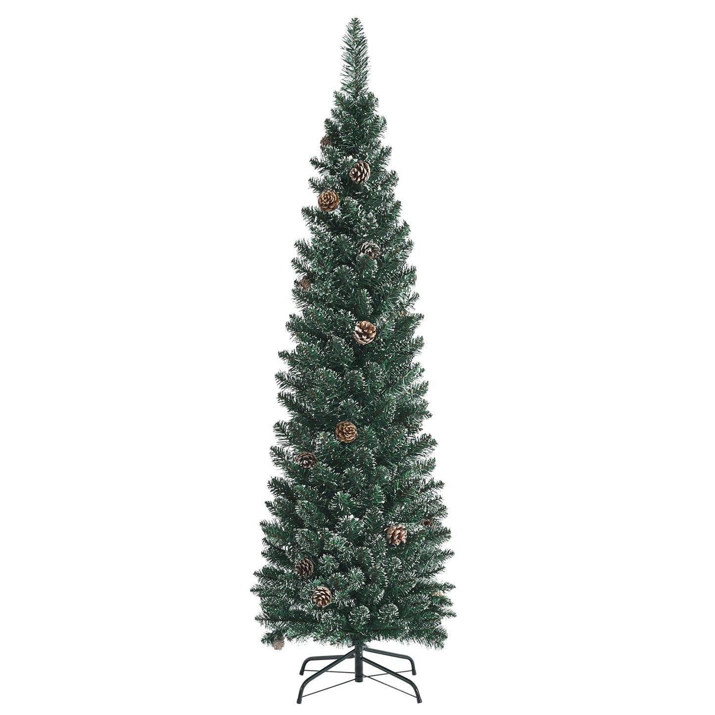 Snowy artificial pencil Christmas tree DirectDeals with pine cones, green needles, metal stand on Tampa Home & Garden Store